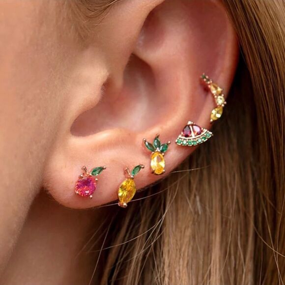 Pineapple Fruit Small Yellow & Green Stud Earrings - Picture 1 of 3